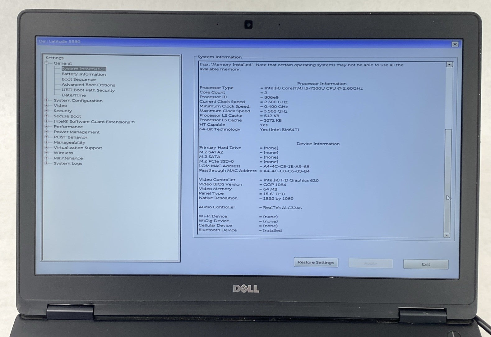Dell Latitude 5580 Core i5-7300U 2.60 GHz 8 GB RAM 15.6" No Battery No HDD No OS