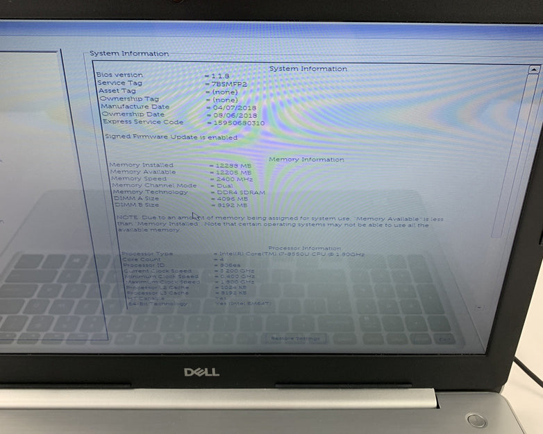 Dell Inspiron P75F Laptop 15.6" i7-8550U 1.8 GHz 12 GB Ram No OS No HDD No AC