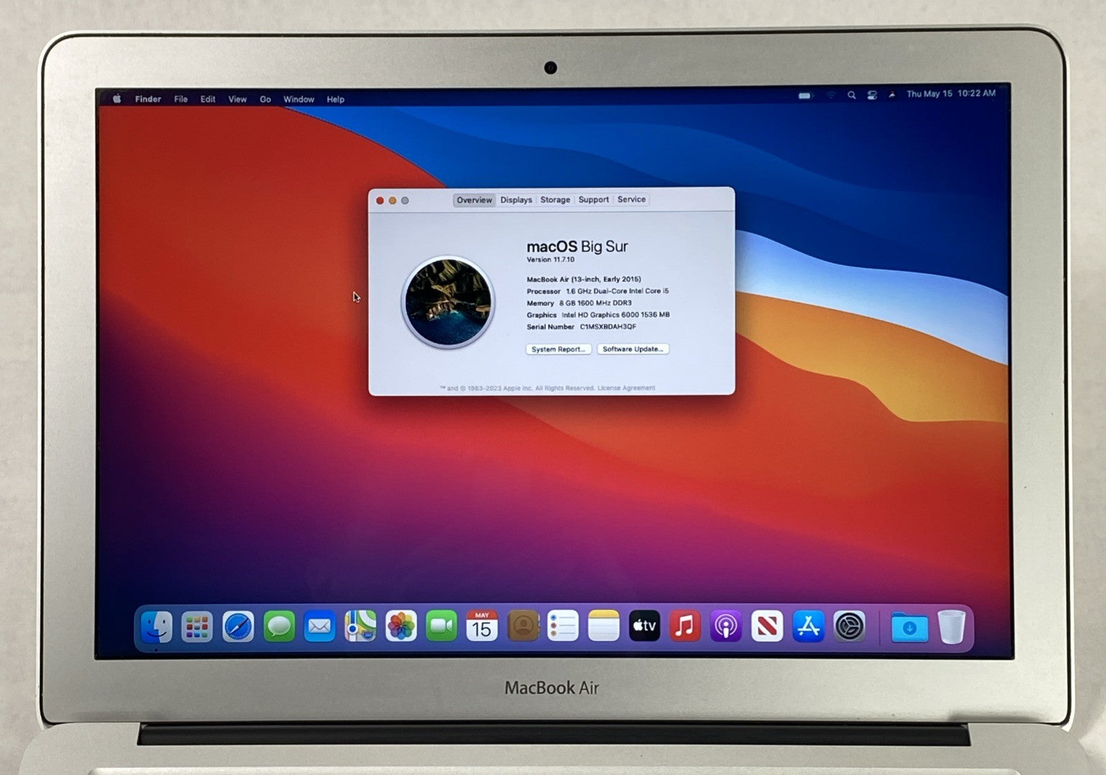 Apple MacBook Air A1466 2015 13" 1.6GHz i5 4GB RAM 256GB SSD os11.7.1 723 Cycles