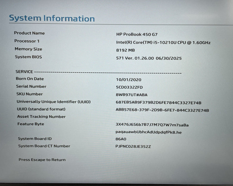 HP ProBook 450 G7 15.6" i5-10210U 1.60 GHz 8 GB RAM No SSD/OS/AC