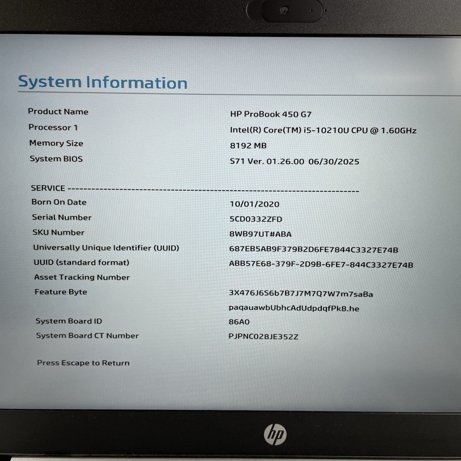HP ProBook 450 G7 15.6" i5-10210U 1.60 GHz 8 GB RAM No SSD/OS/AC2