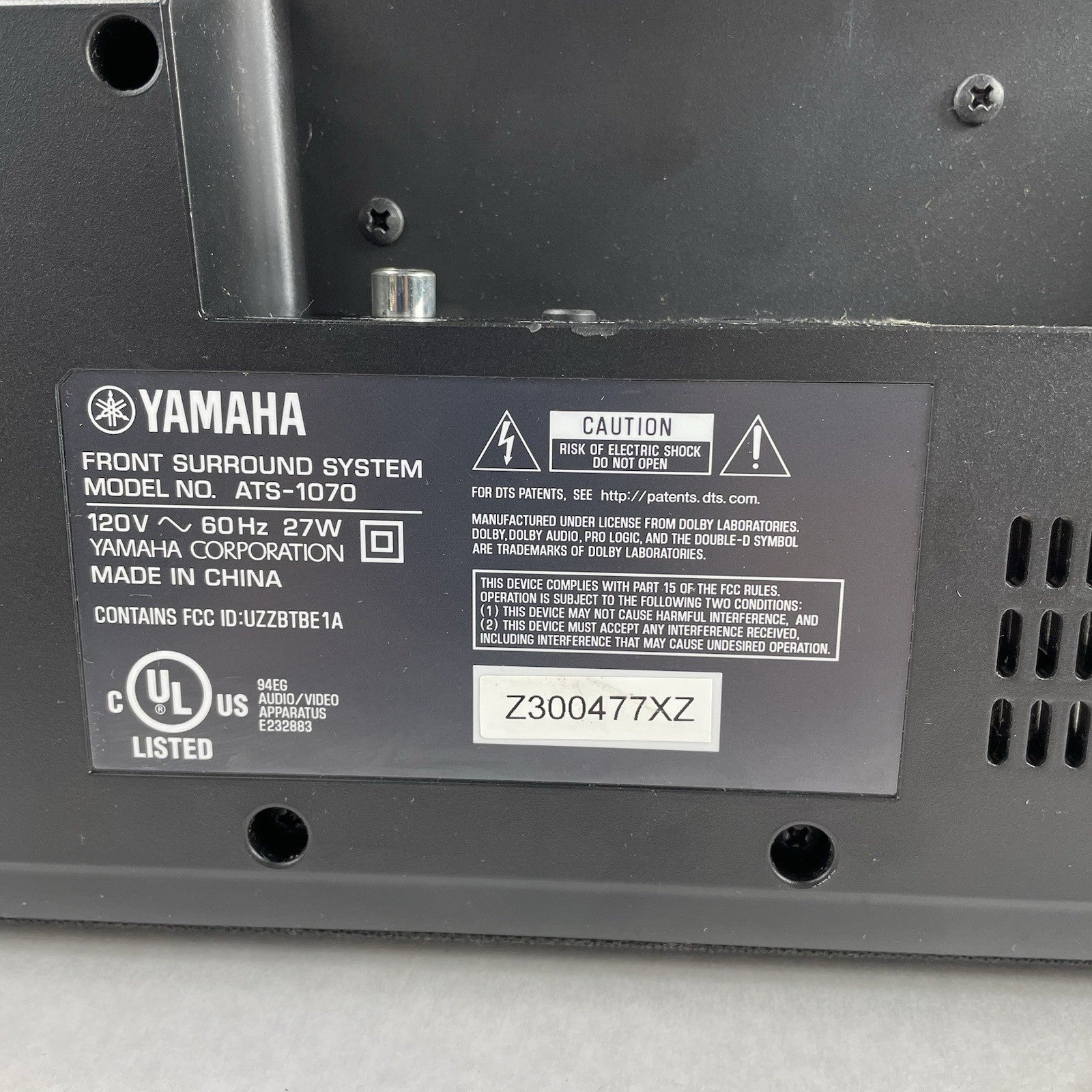 Yamaha ATS-1070 Bluetooth Sound Bar Power Cord Included Tested