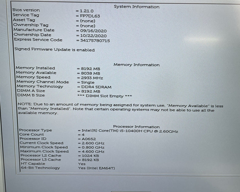 Dell Precision 3551 15.6" i5-10400H 2.6GHz 8GB RAM No SSD/OS/AC/Batt- Bad Bottom