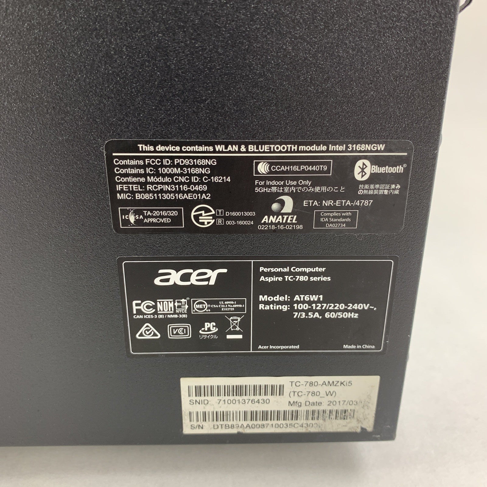 Acer Aspire TC-780 MT Desktop Intel Core i5-7400 8 GB Ram No OS No HDD