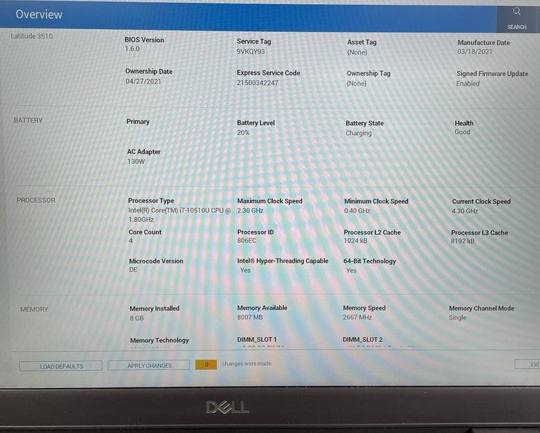 Dell Latitude 3510 15.6" i7-10210U 1.60 GHz 8 GB RAM No SSD/OS/AC