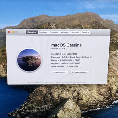 Apple A1418 iMac 21.5" 2013 2.7 GHz Core i5 8GB RAM 1TB HDD macOS 10.15.8