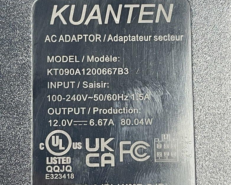Kuanten AC  Adapter 12V 6.67A 80W KT090A1200667B3  No Power Cord 6 pin