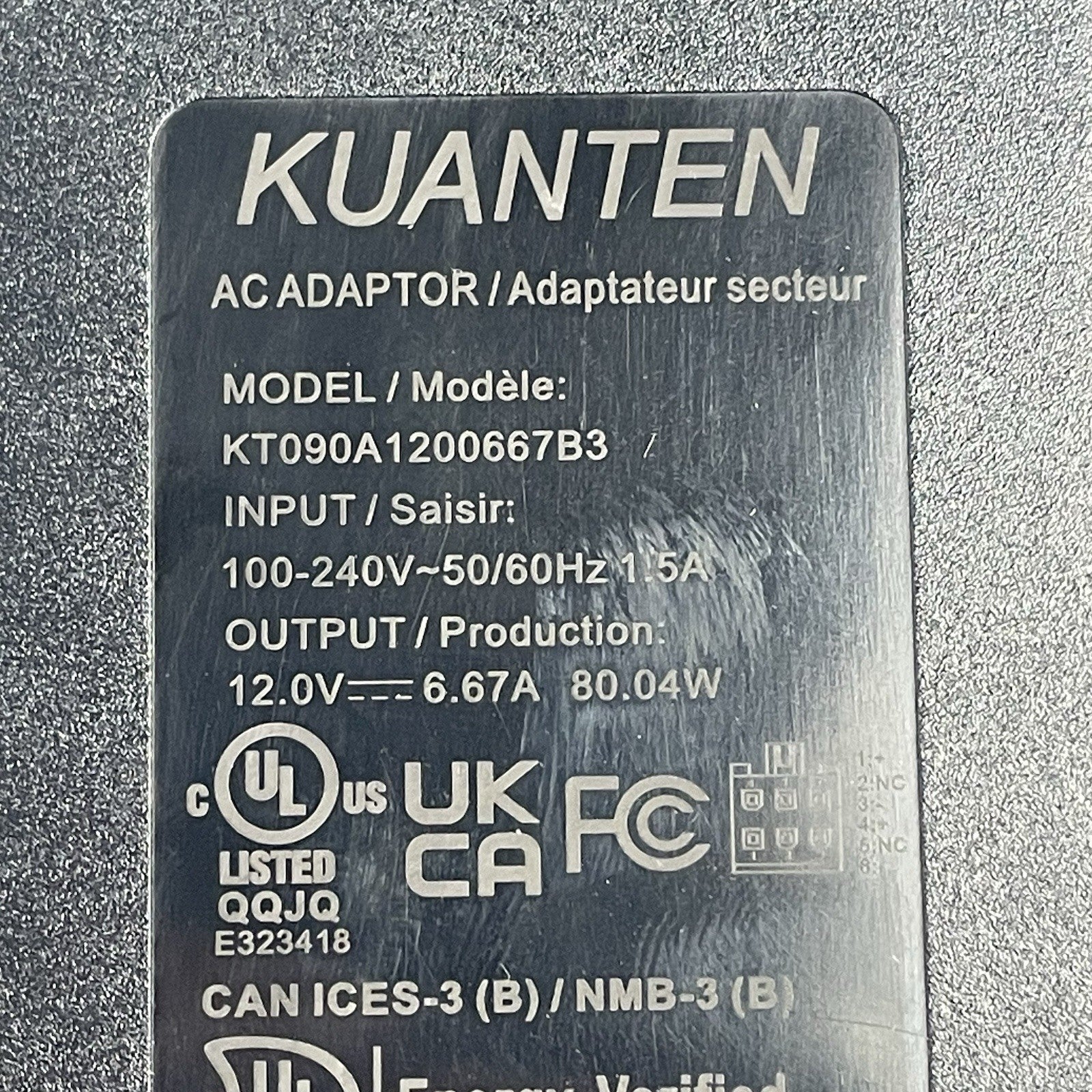 Kuanten AC  Adapter 12V 6.67A 80W KT090A1200667B3  No Power Cord 6 pin5