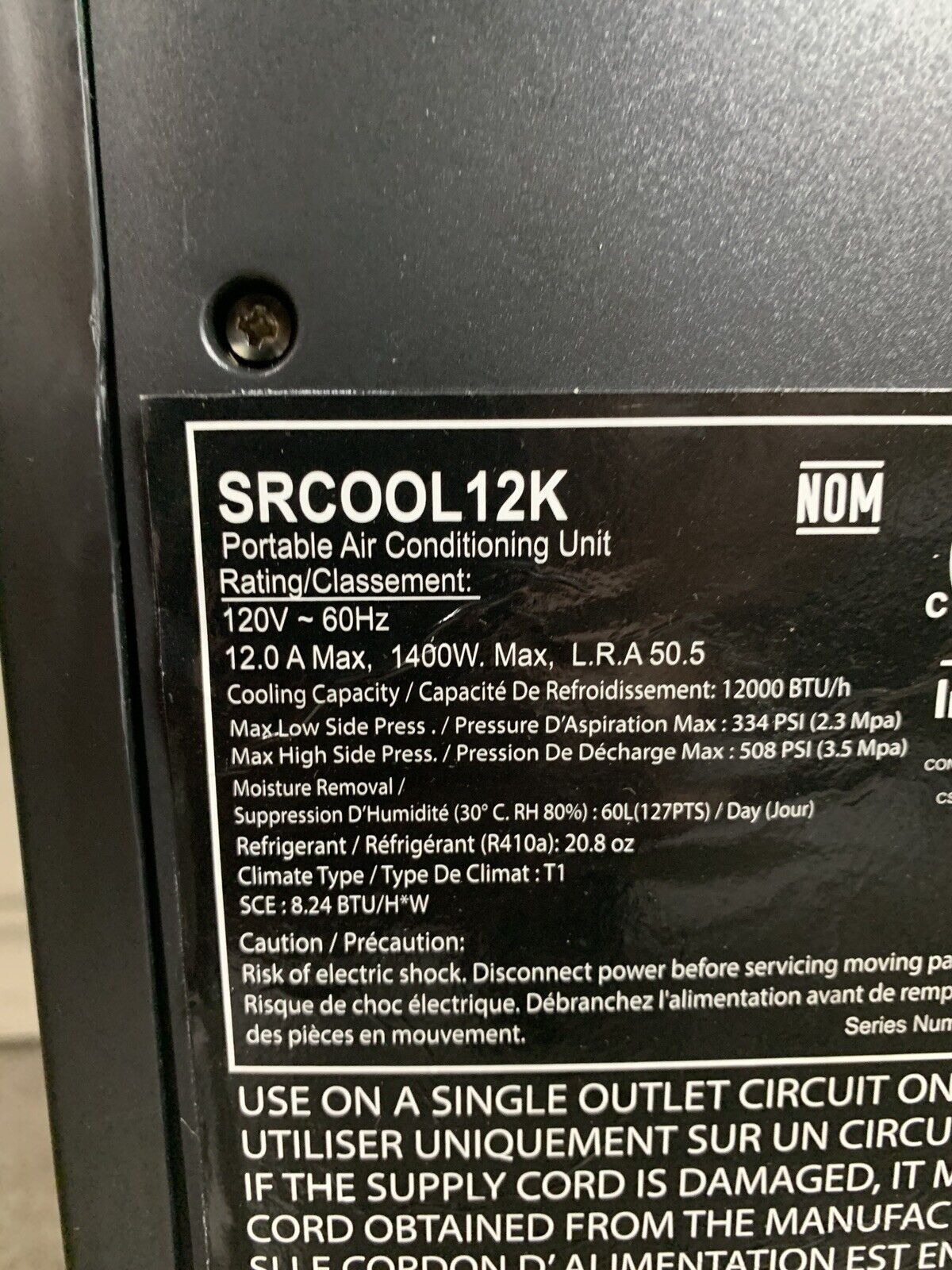 Tripp Lite SRCOOL12K Portable Air Conditioner 1400w 120V 60Hz 1400W Tested