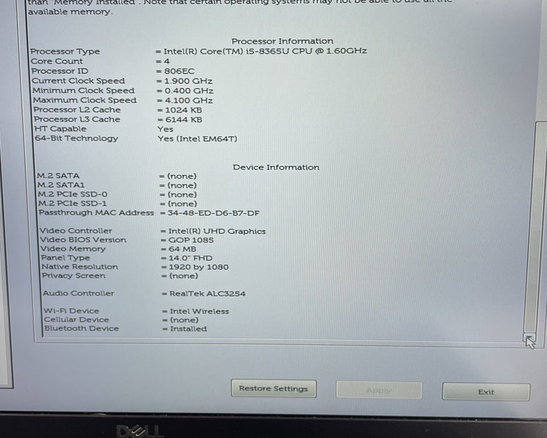 Dell Latitude 7400 14" i5-8365U 1.60 GHz 8 GB RAM No SSD/OS/AC