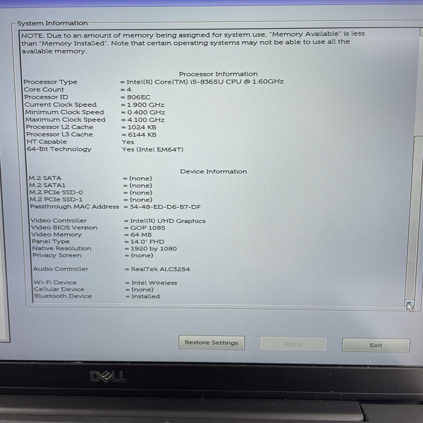Dell Latitude 7400 14" i5-8365U 1.60 GHz 8 GB RAM No SSD/OS/AC3