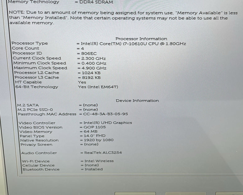 Dell Latitude 7410 14" i7-10610U 1.80GHz 16 GB RAM No SSD/OS/AC - Scratched Keys
