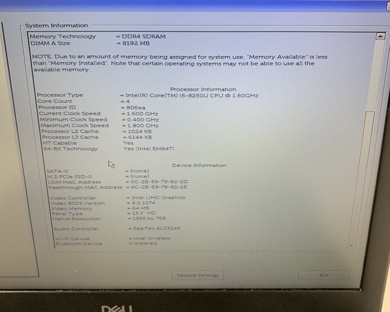 Dell Latitude 3300 13.3" i5-8250u 1.6 GHz 8 GB Ram NO OS No HDD No Batt No AC