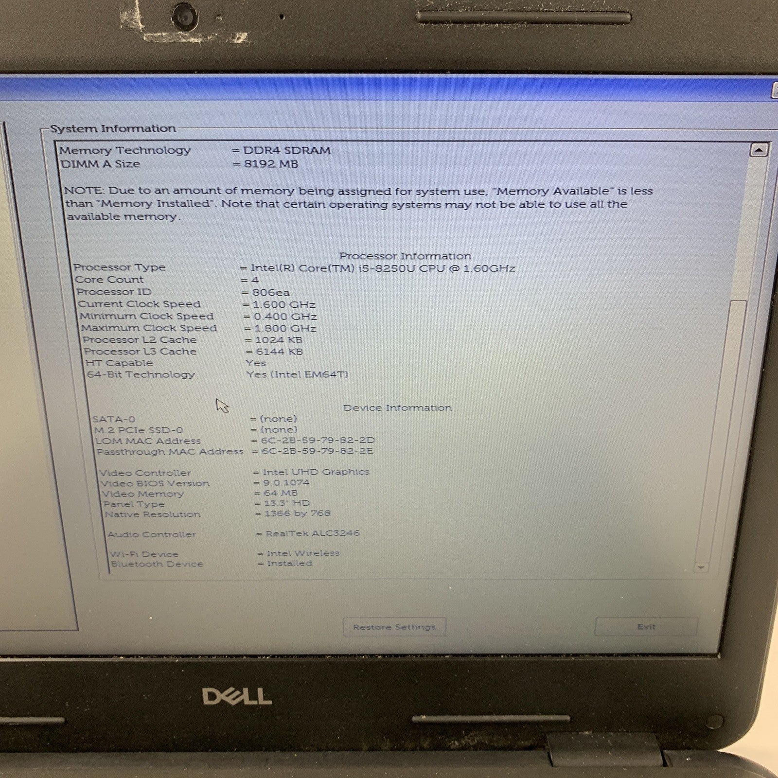 Dell Latitude 3300 13.3" i5-8250u 1.6 GHz 8 GB Ram NO OS No HDD No Batt No AC