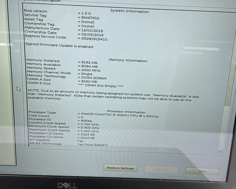 Dell Latitude 5590 15.6" i5-8250U 1.6 GHz 8GB RAM No SSD No OS - Bad Corner READ