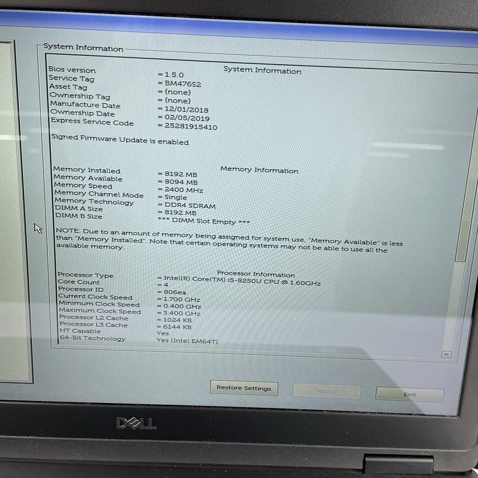Dell Latitude 5590 15.6" i5-8250U 1.6 GHz 8GB RAM No SSD No OS - Bad Corner READ4