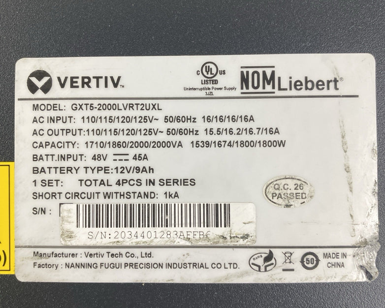 Vertiv Liebert GXT5-2000LVRT24XL 1800W  Backups UPS Tested - No Batt Front Bezel