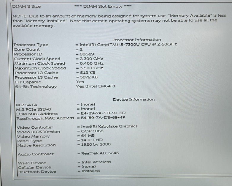 Dell Latitude 7490 14" i5-7300U 2.60 GHz 8 GB RAM No SSD/OS/AC