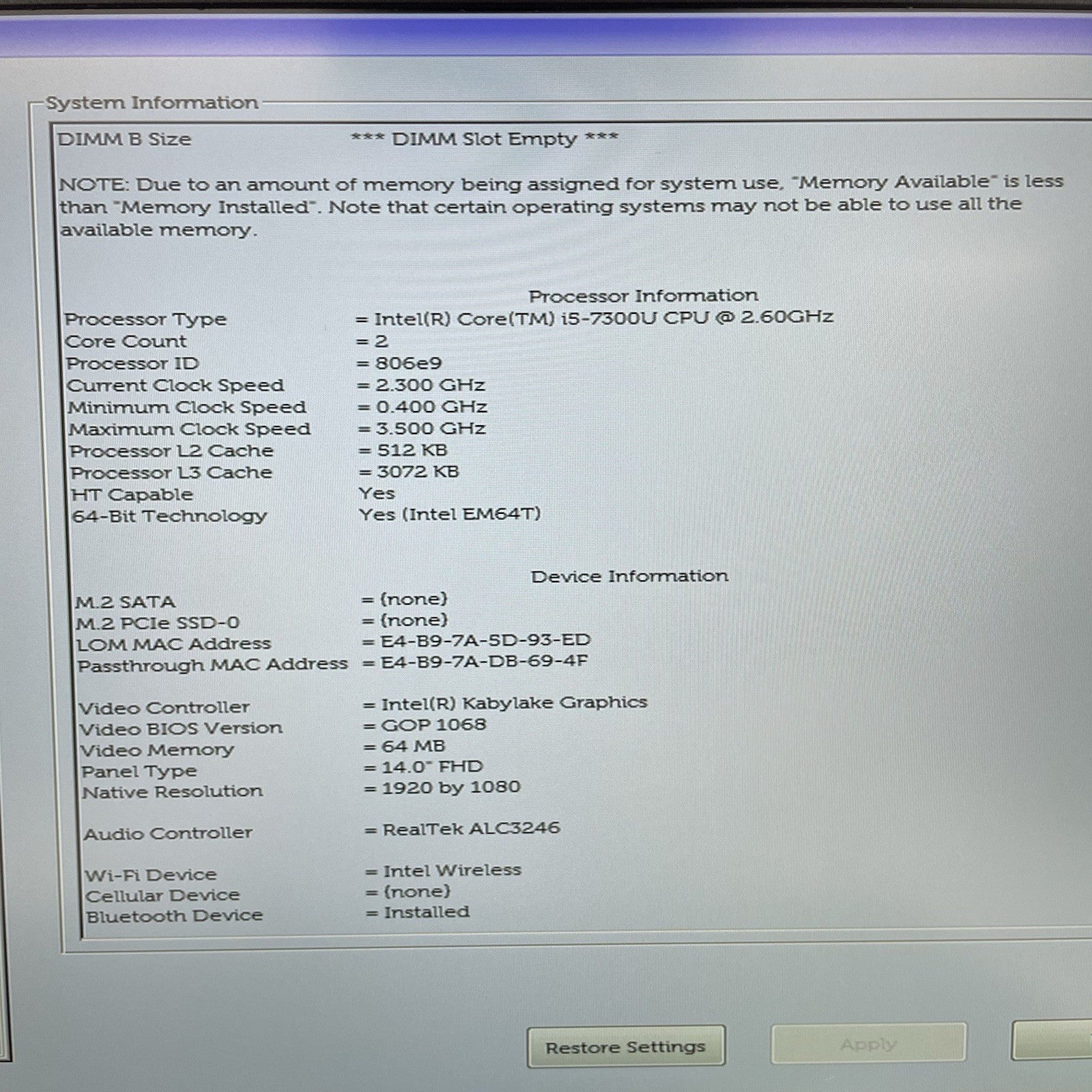 Dell Latitude 7490 14" i5-7300U 2.60 GHz 8 GB RAM No SSD/OS/AC3