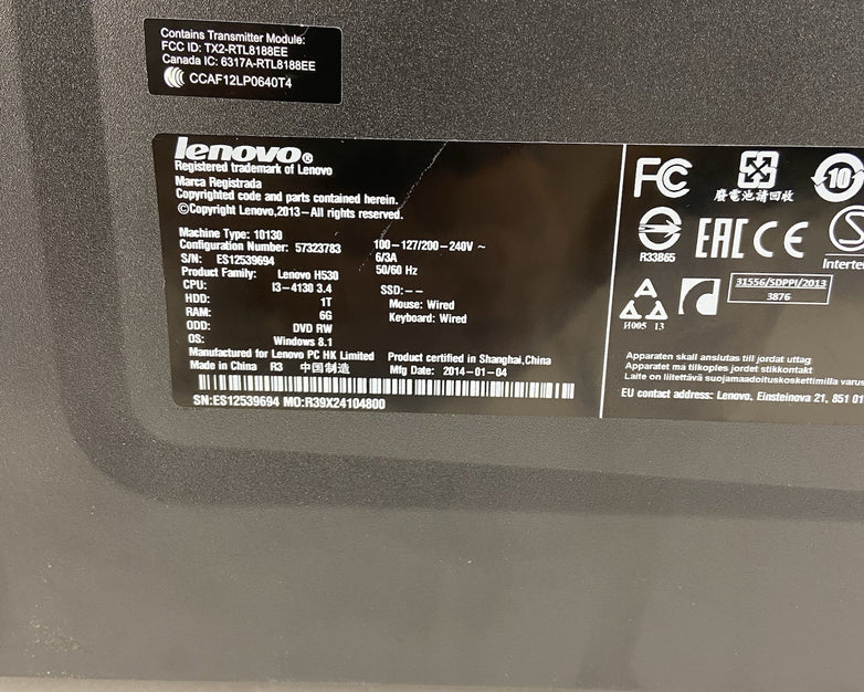 Lenovo H530 MT Intel Core i3-4130 3.4GHz 6GB RAM No HDD No OS