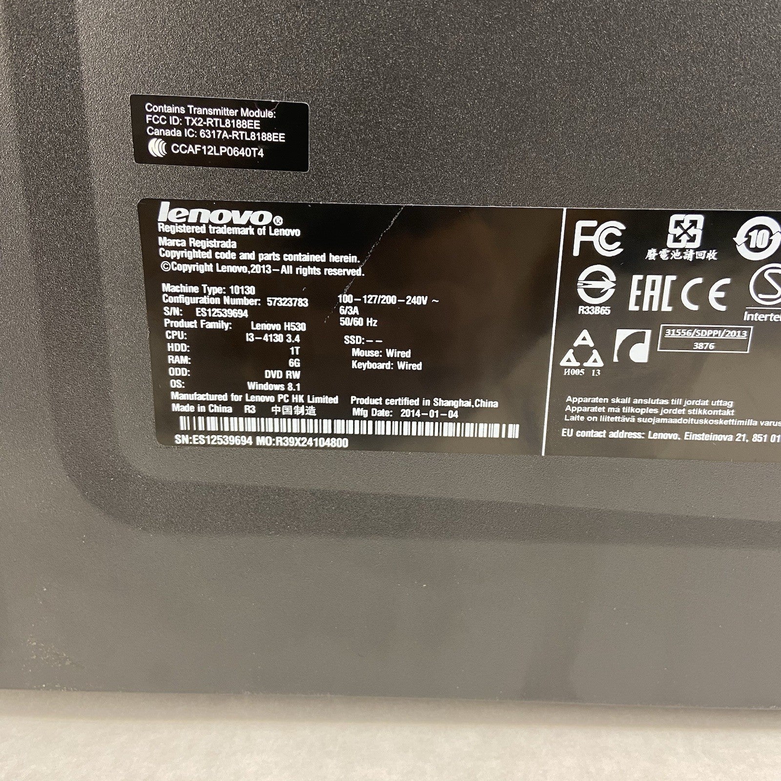 Lenovo H530 MT Intel Core i3-4130 3.4GHz 6GB RAM No HDD No OS4