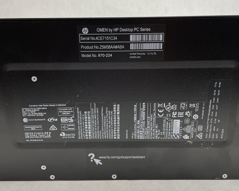 HP Omen 870-244 MT Intel Core i5-7400 3.00 GHz 8 GB RAM GTX1060 3GB No HDD No OS