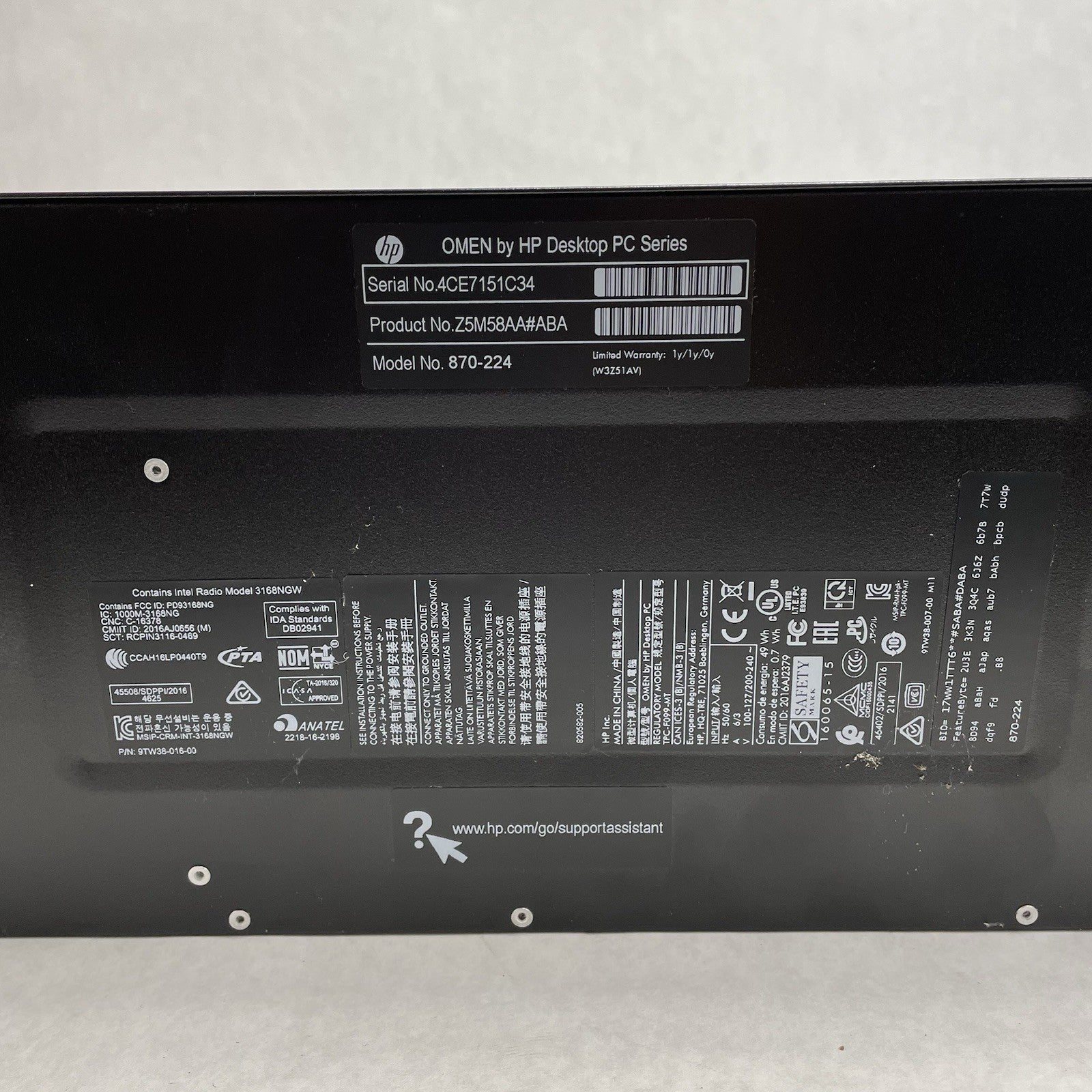 HP Omen 870-244 MT Intel Core i5-7400 3.00 GHz 8 GB RAM GTX1060 3GB No HDD No OS