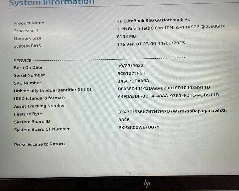 HP EliteBook 850 G8 15.6" i5-1145G7 2.60 GHz 8 GB RAM No SSD/OS/AC - Rubber Feet