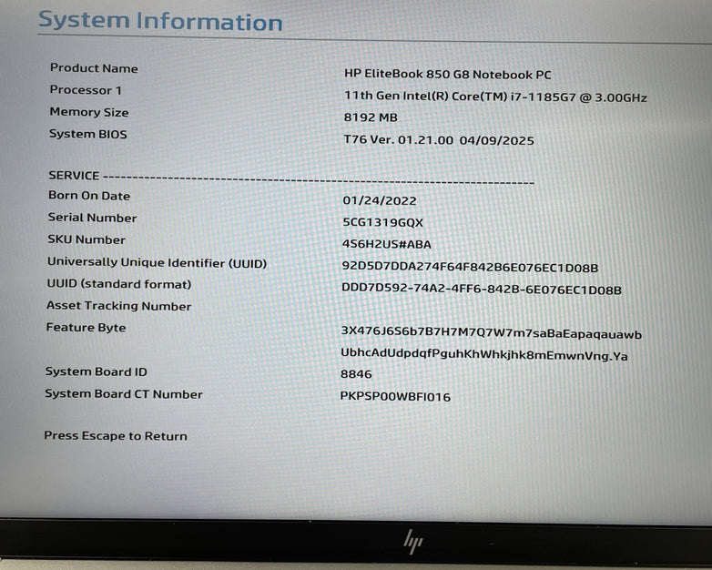 HP EliteBook 850 G8 15.6" i7-1185G7 3.00 GHz 8 GB RAM No SSD/OS/AC/Batt