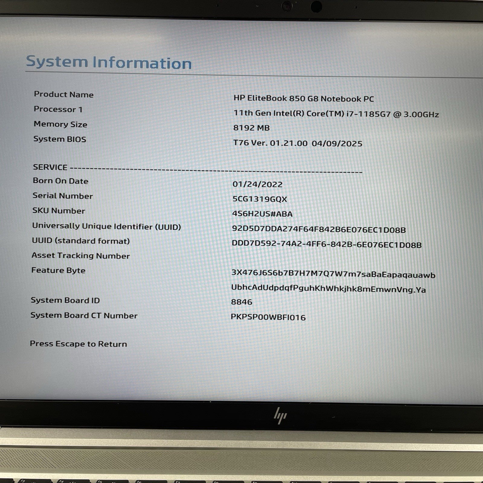 HP EliteBook 850 G8 15.6" i7-1185G7 3.00 GHz 8 GB RAM No SSD/OS/AC/Batt3