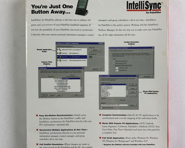 New PalmPilot IntelliSync Window 95 NT 3.1 Puma Mobil Data Exchange Tech 1997