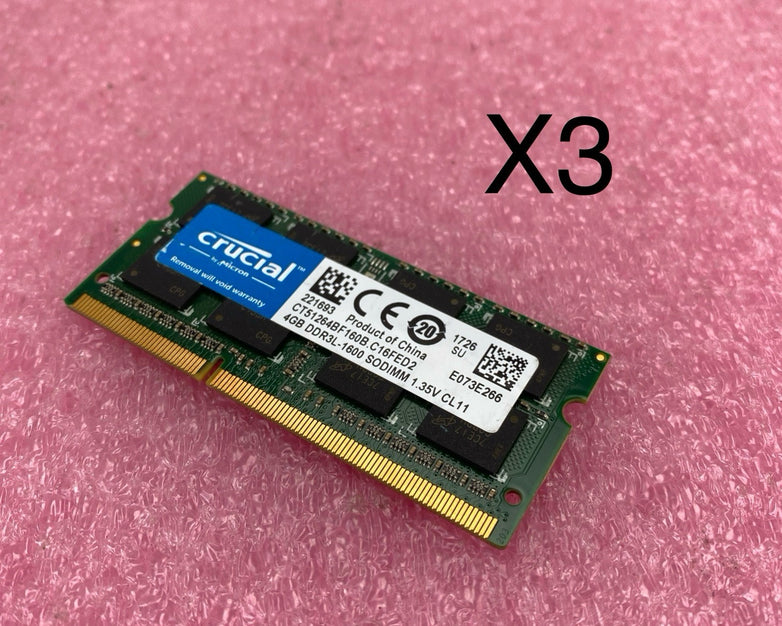 Crucial 4GB DDR3L-1600 Laptop Memory Ram CT51264BF160B.C16FED2 - Lot of 3