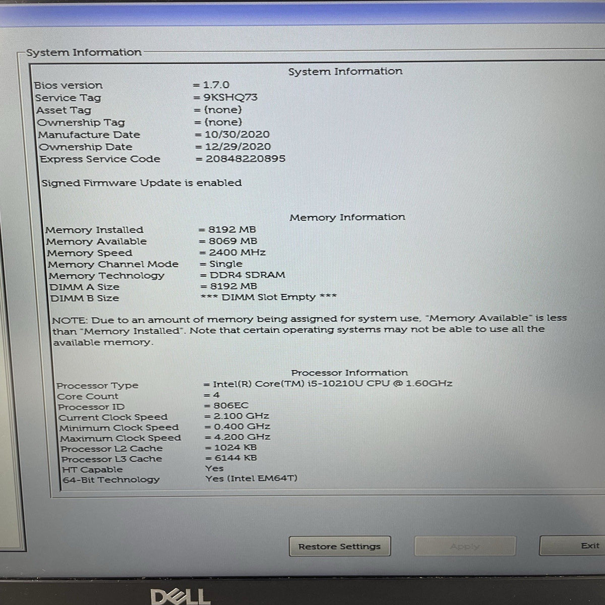 Dell Latitude 5510 15.6" i5-10210U 1.60 GHz 8 GB RAM No SSD/OS/AC/Batt4