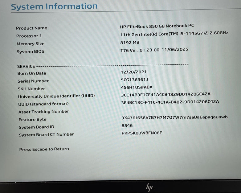 HP EliteBook 850 G8 15.6" i5-1145G7 2.60 GHz 8 GB RAM No SSD/OS/AC- Bad USB Slot
