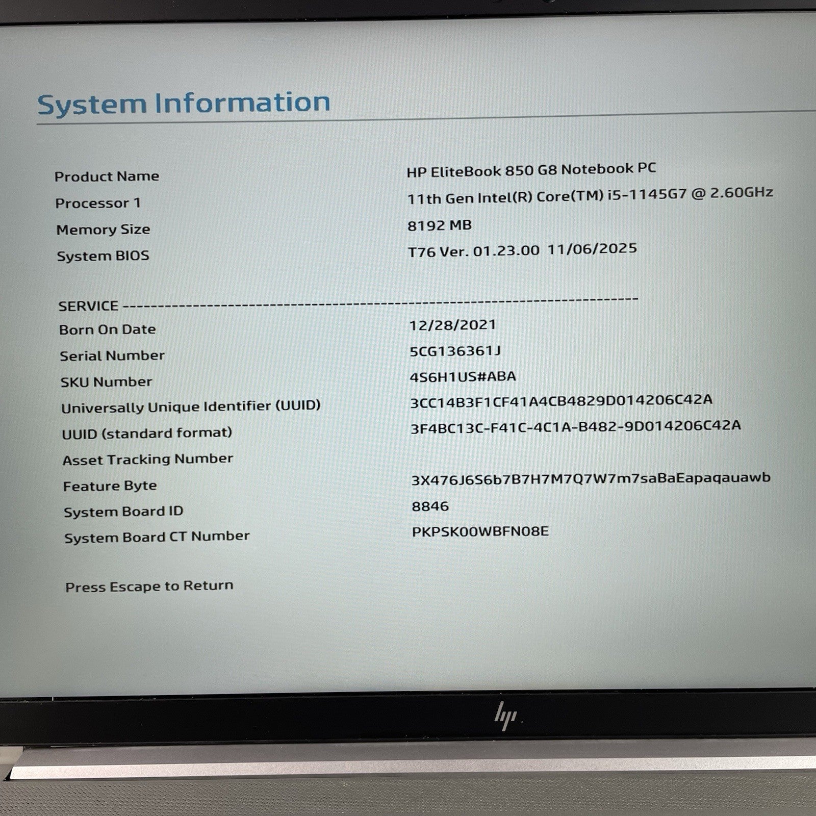 HP EliteBook 850 G8 15.6" i5-1145G7 2.60 GHz 8 GB RAM No SSD/OS/AC- Bad USB Slot2