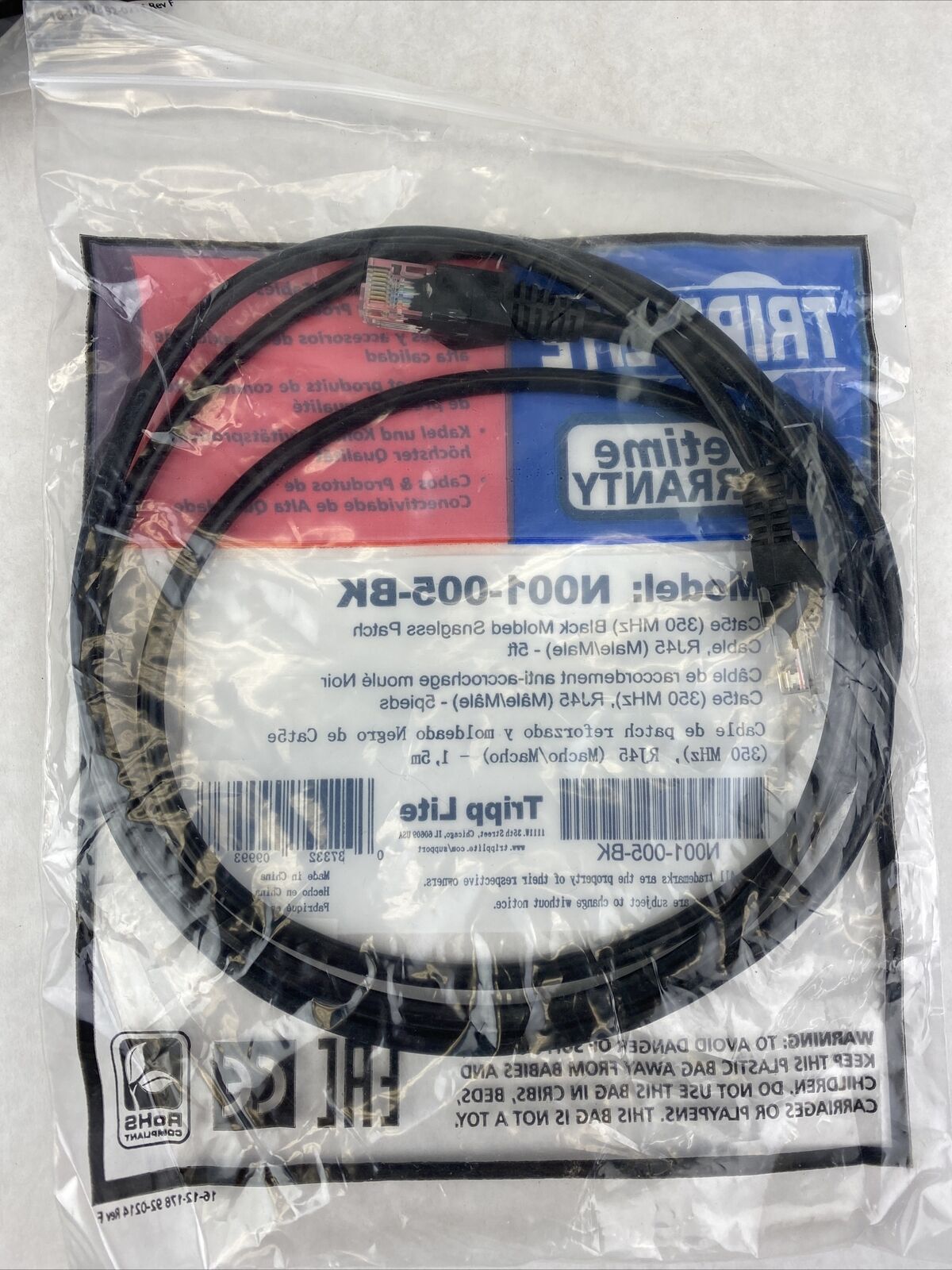 Tripp Lite N001-005-BK Cat5e 350MHz Snagless cables (RJ45 M/M) 5ft (Lot of 10)