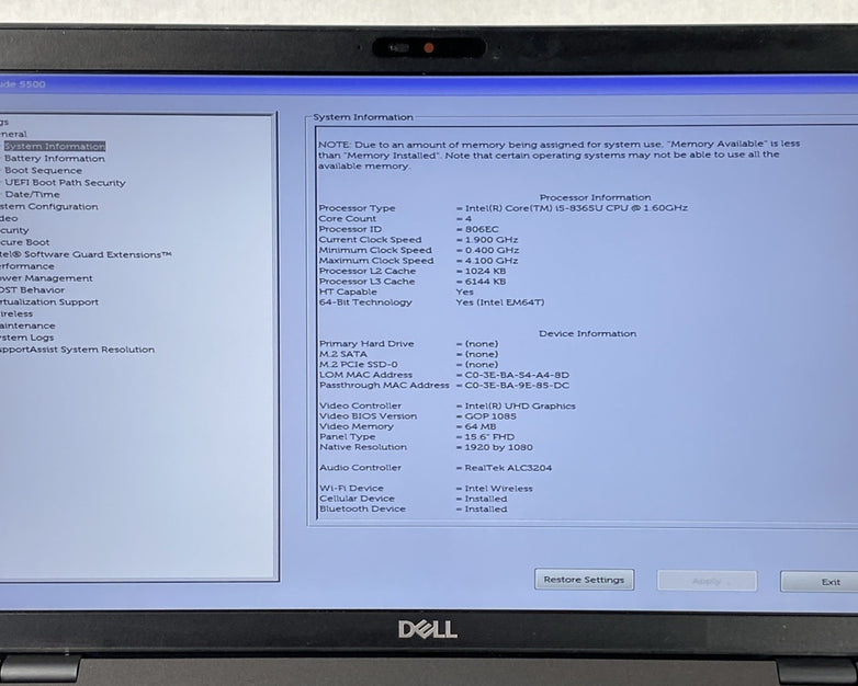 Dell Latitude 5500 Core i5-8365U 1.60 GHz 16GB RAM 15.6" No HDD No OS