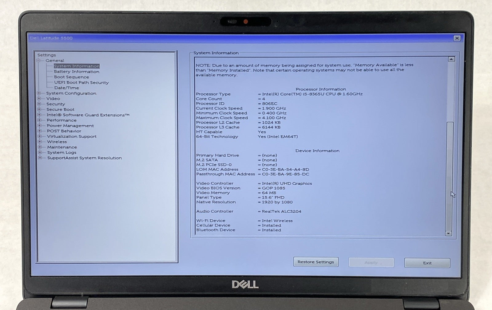 Dell Latitude 5500 Core i5-8365U 1.60 GHz 16GB RAM 15.6" No HDD No OS