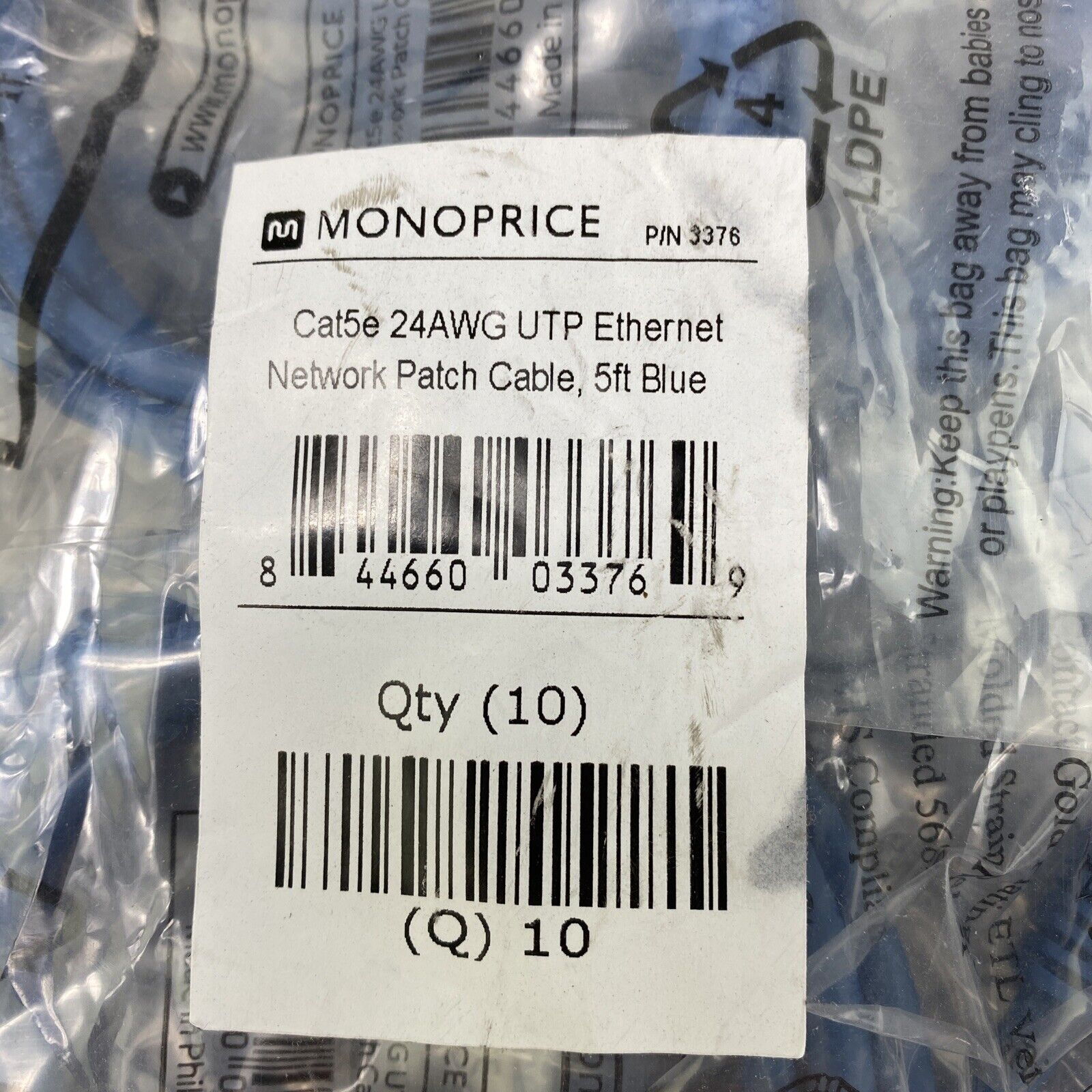 Lot of 10 Monoprice 5ft 24AWG Cat5e 350MHz UTP Ethernet network cables Blue