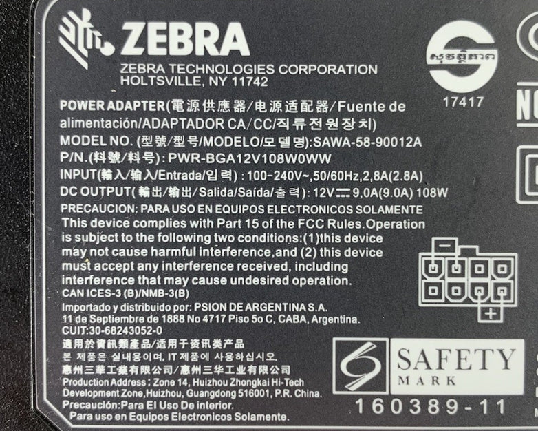 Zebra SAWA-58-90012A PWR-BGA12V108W0WW 12V 9A 108W AC Adapter Power Supply