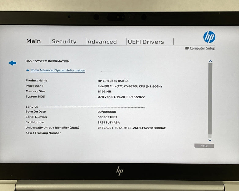 HP EliteBook 850 G5 Core i7-8650U 1.90 GHz 8GB RAM 15.6" No HDD No OS