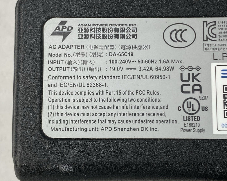 APD DA-65C19 19V 3.42A 64.9W AC Adapter (Lot of 5)