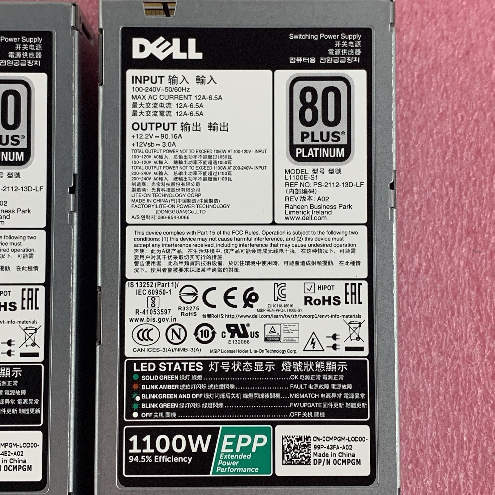 Dell L1100E-S1 CMPGM 1100W 80+ Platinum AC Power Supply Lot of 2x5