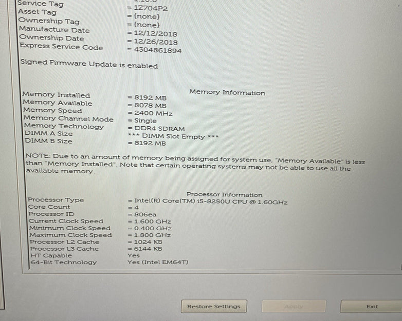 Dell Inspiron 5379 13.3" i5-8250U 1.60 GHz 8 GB RAM No SSD/OS/AC