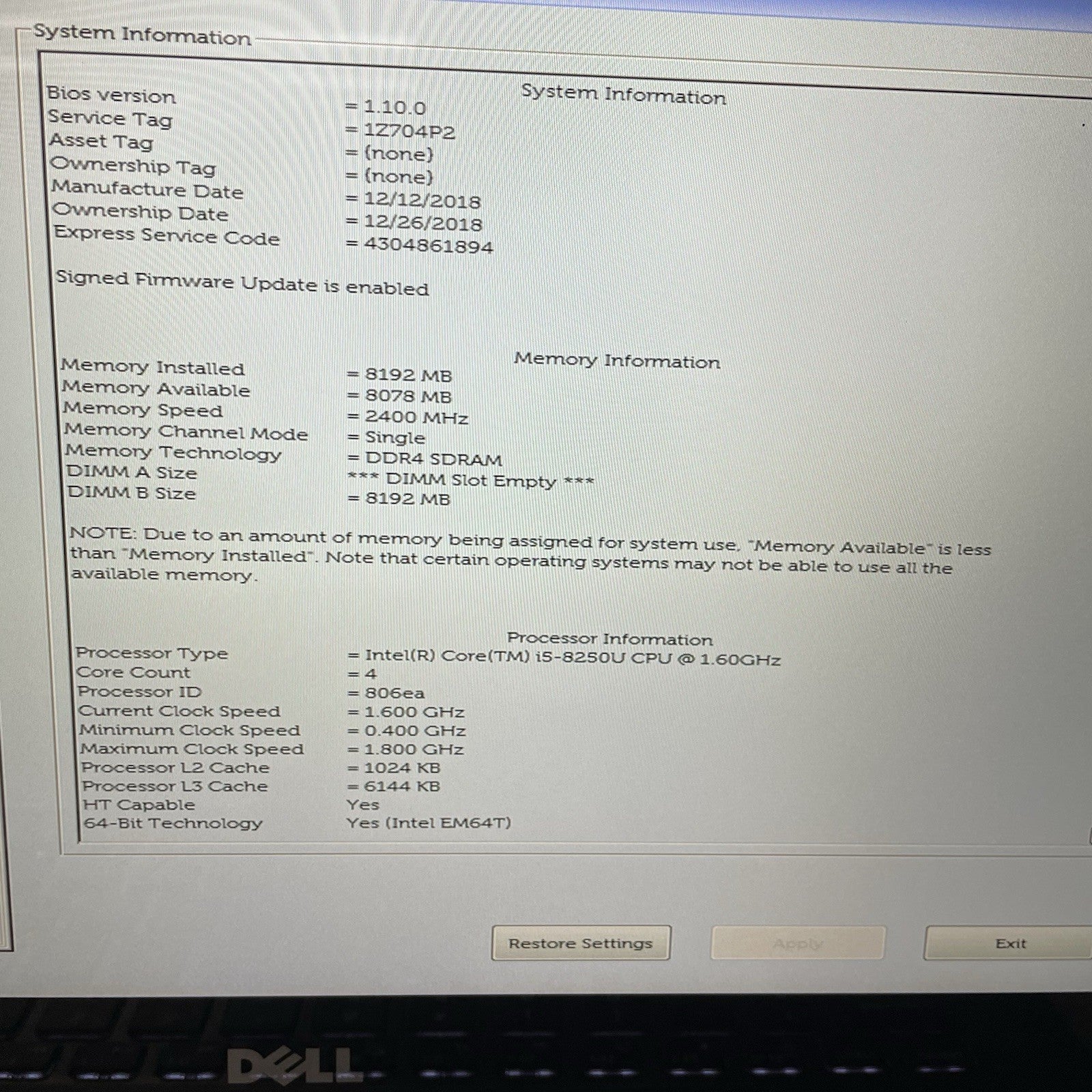 Dell Inspiron 5379 13.3" i5-8250U 1.60 GHz 8 GB RAM No SSD/OS/AC2