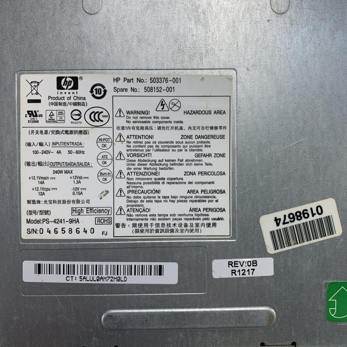 HP PS-4241-9HA 240W Power Supply 503376-001 508152-0014