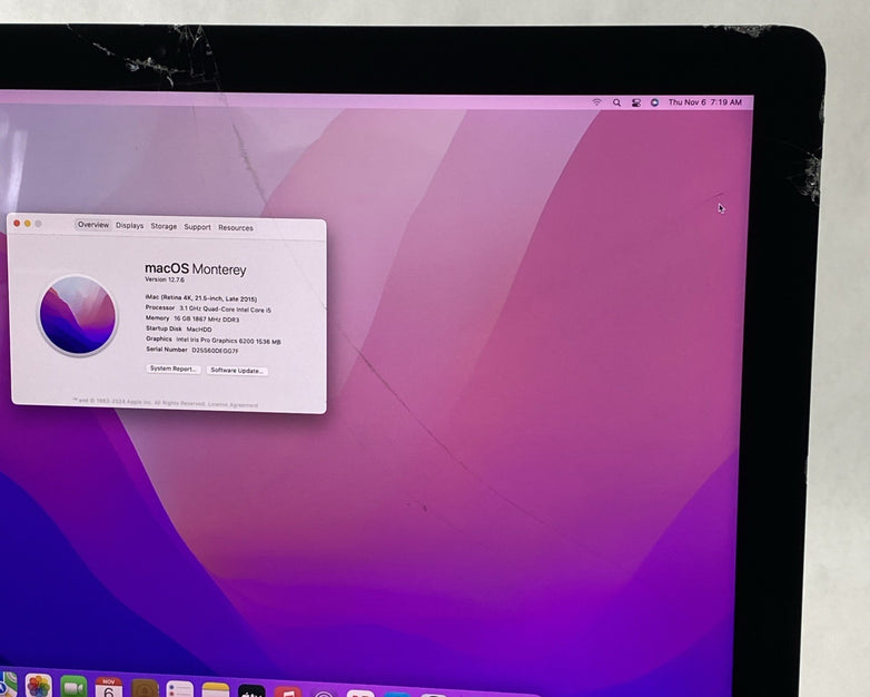 Apple A1418 iMac Retina 4k 21.5" 2015 3.1GHz i5 16GB RAM 1TB Fusion - Cracked