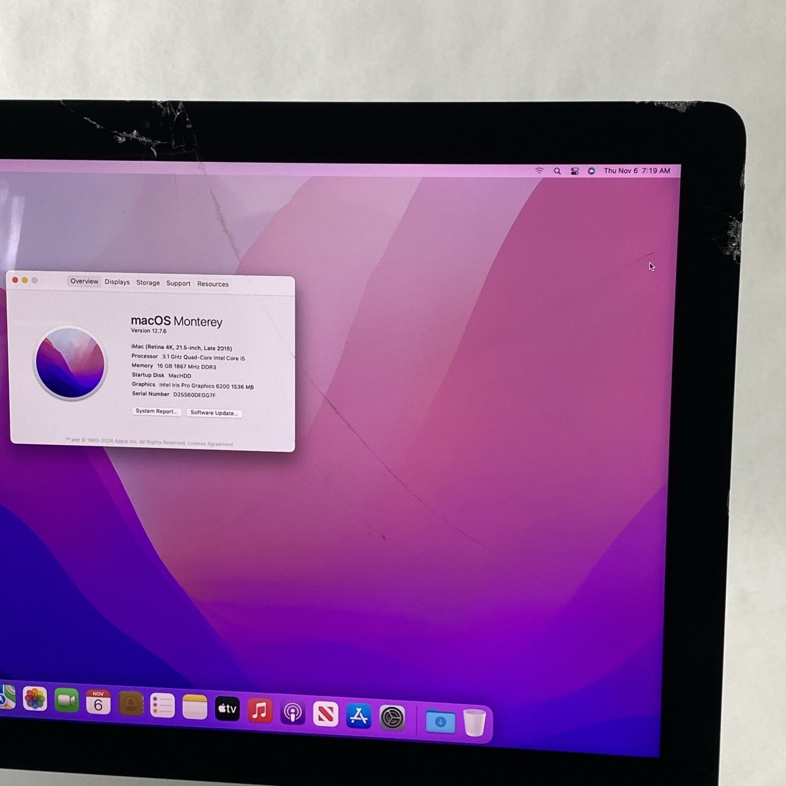 Apple A1418 iMac Retina 4k 21.5" 2015 3.1GHz i5 16GB RAM 1TB Fusion - Cracked