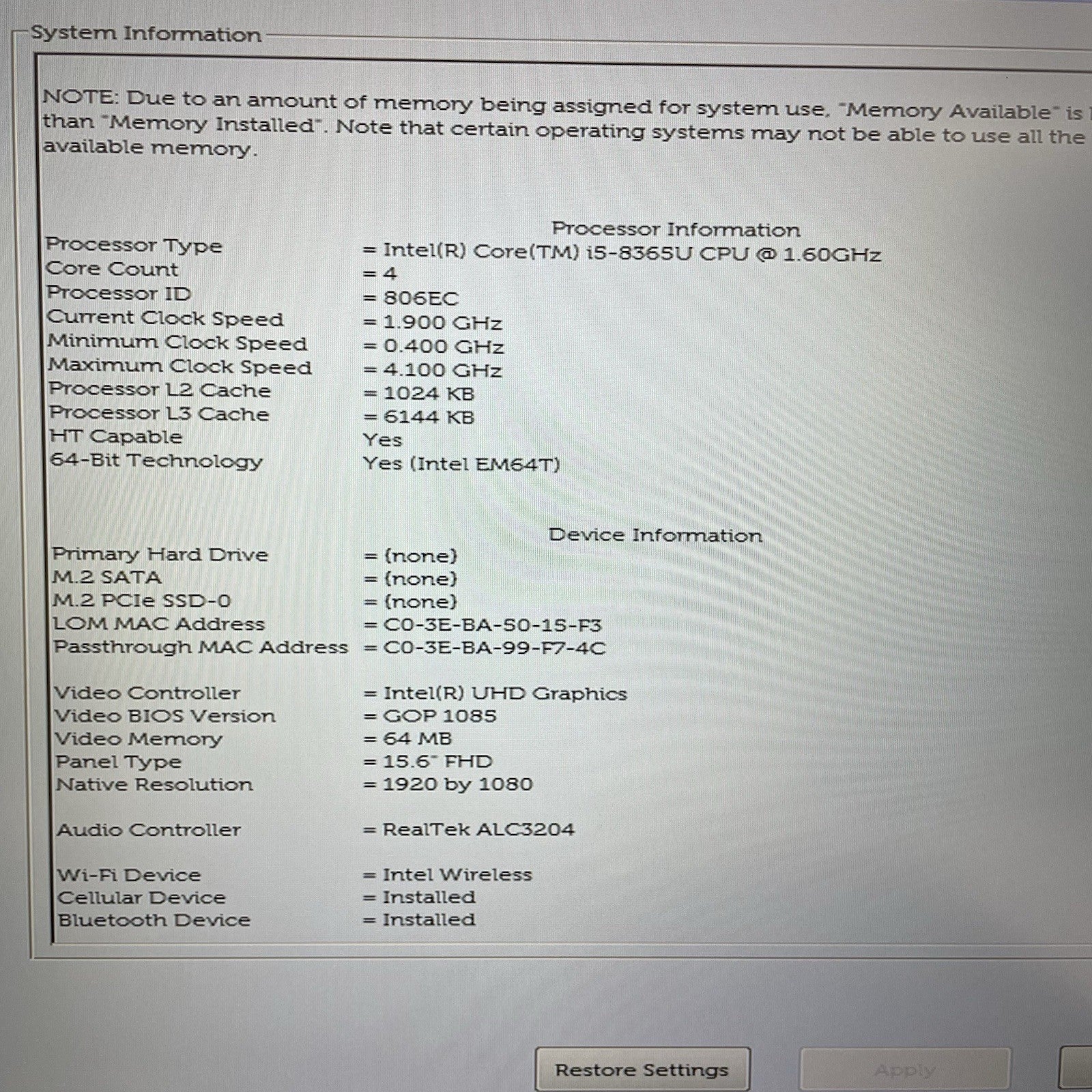 Dell Latitude 5500 15.6" i5-8365U 1.60 GHz 8 GB RAM No SSD/OS/AC - READ3
