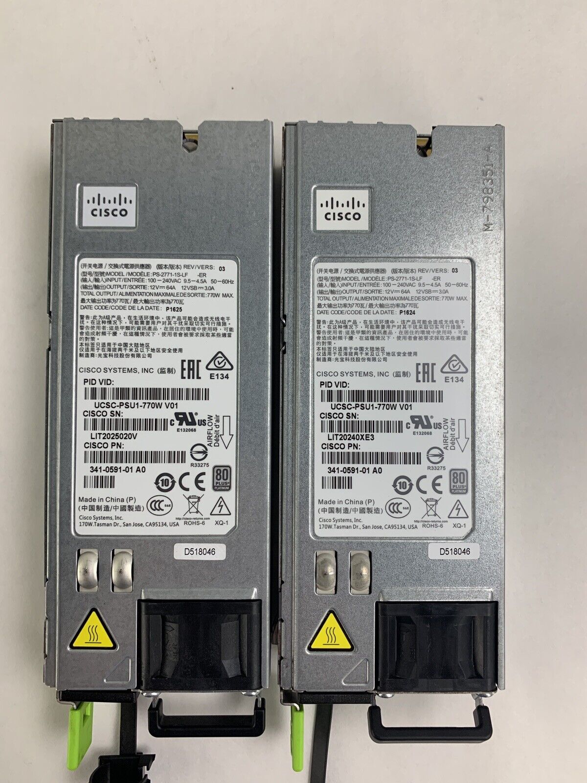 LOT OF 2 Cisco UCSC-PSU1-770W V01 770W Power Supply PS-2771-1S-LF Tested